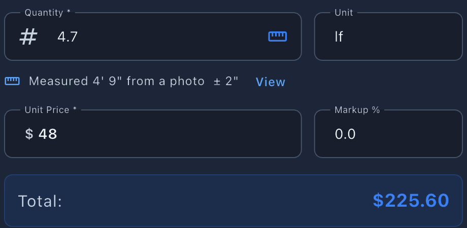 The quote’s line editor after measuring: Quantity 4.7 with a ruler icon, Unit lf, the note Measured 4′ 9″ from a photo ± 2″, Unit Price $48, Total $225.60.