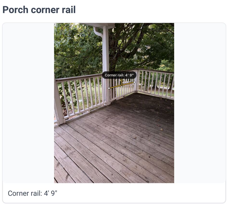 The customer’s quote PDF: under the heading Porch corner rail, the measured photo with its line drawn on it, captioned Corner rail: 4′ 9″.
