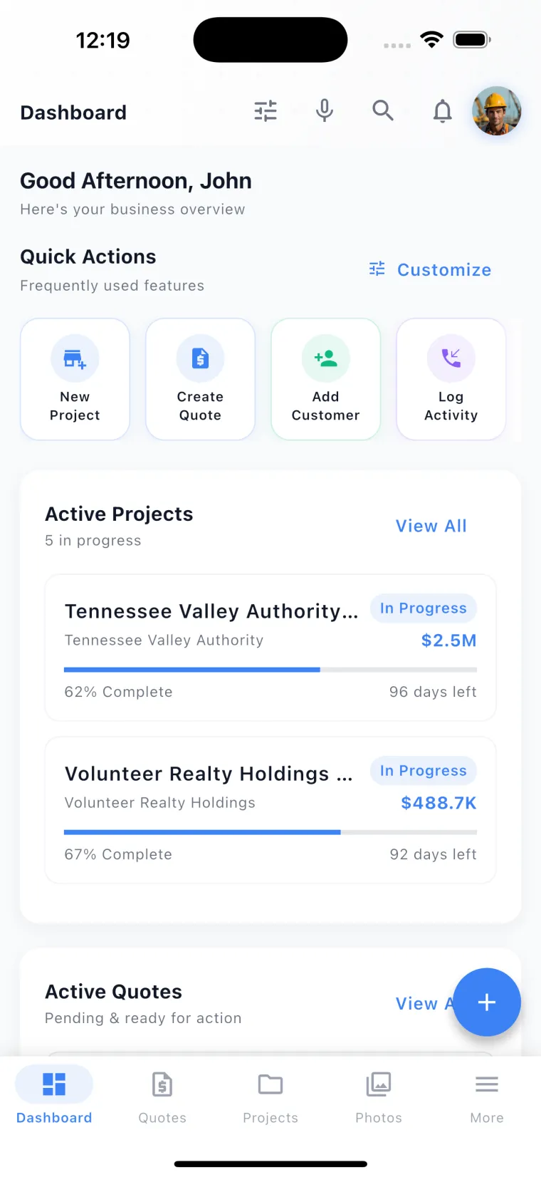 JobSiteCore owner dashboard — five active projects with live values, progress, and quick actions