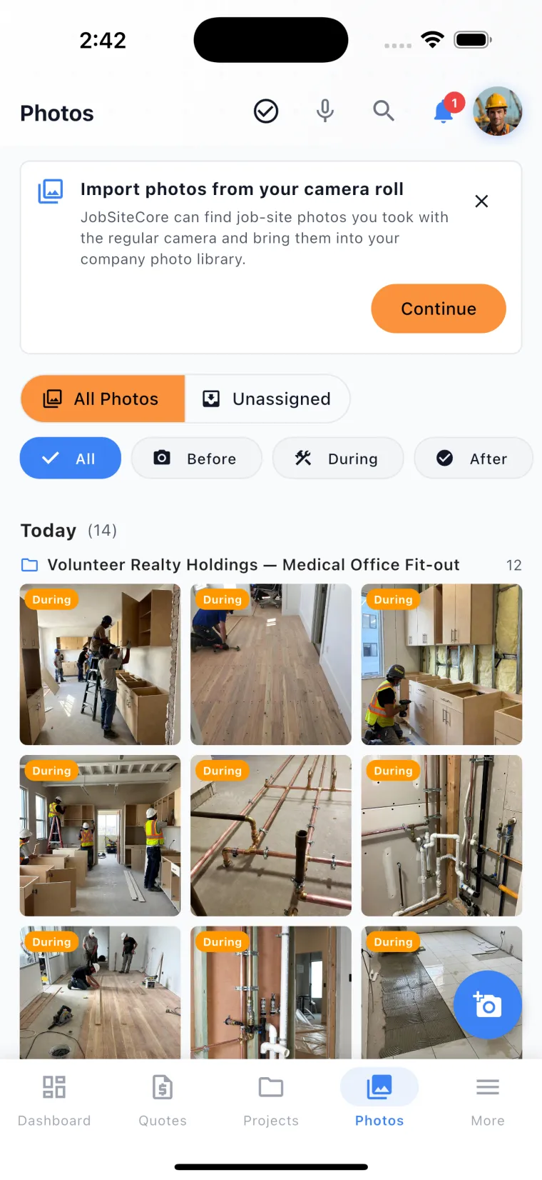 JobSiteCore company Photo Hub — every job's photos in one place, with an Unassigned inbox and Before, During and After tags you confirm