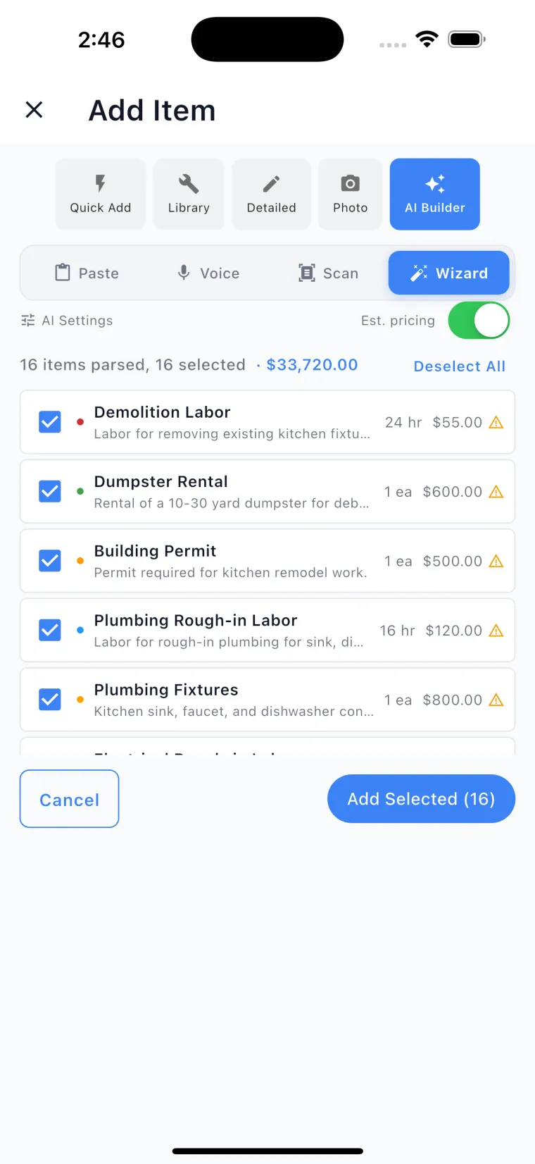 JobSiteCore AI quote builder turning voice, photo, or PDF into priced line items