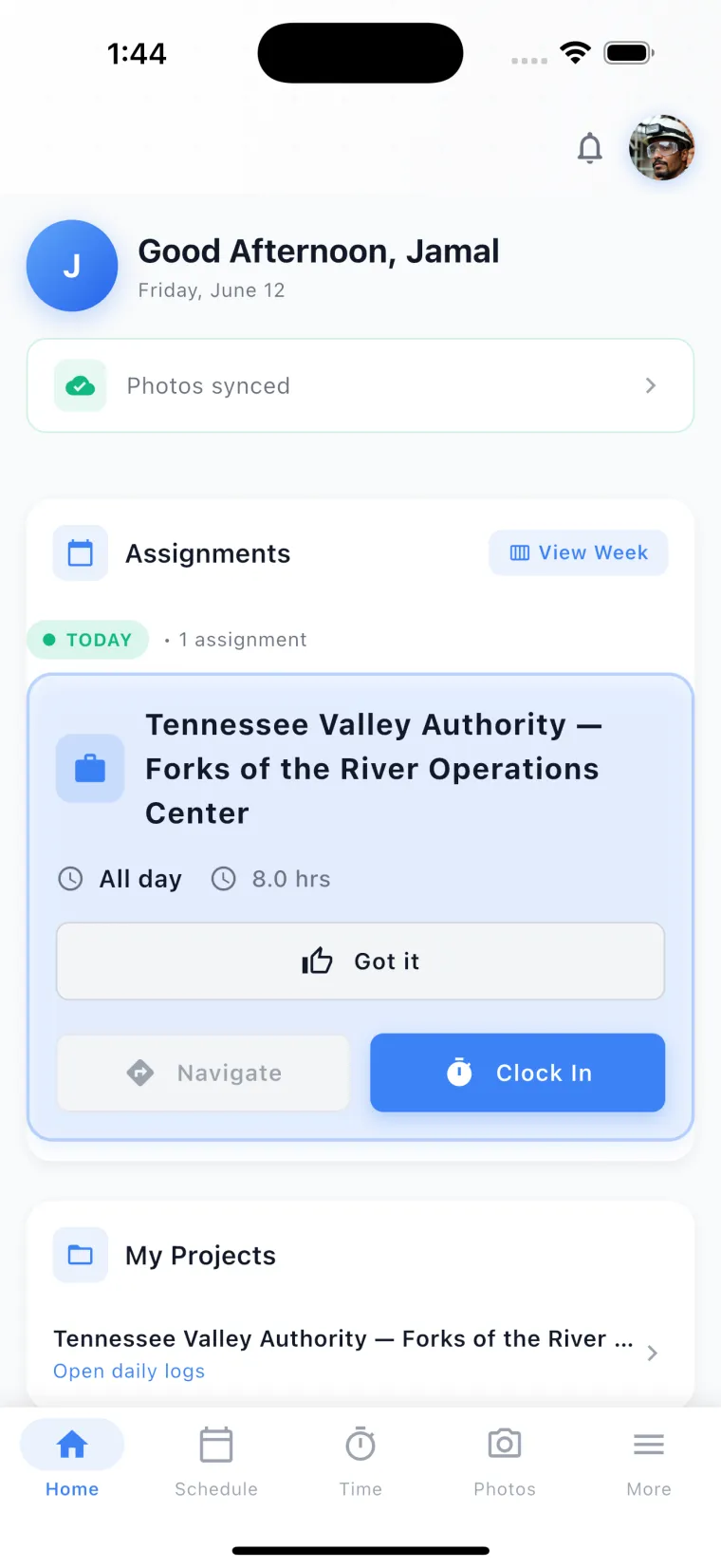 JobSiteCore field-worker home with today's assignment, hours, and clock-in