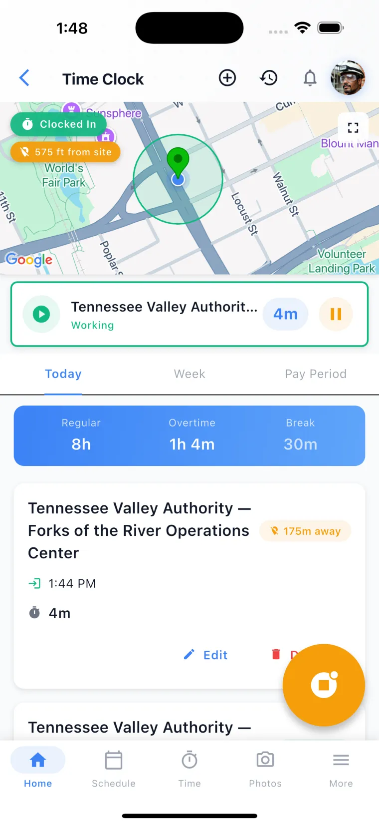 JobSiteCore GPS geofenced time clock with distance-to-site and split regular, overtime, and break hours