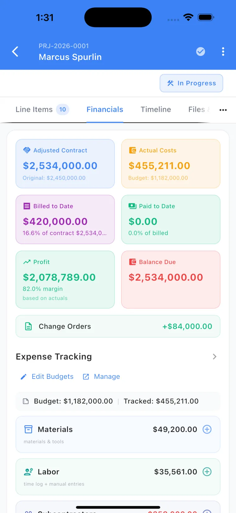 JobSiteCore project financials — contract, costs, billed, live profit margin, and balance due