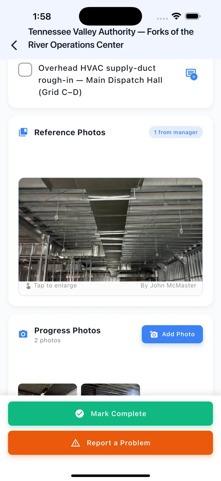 JobSiteCore field assignment with a manager reference photo and on-task progress capture