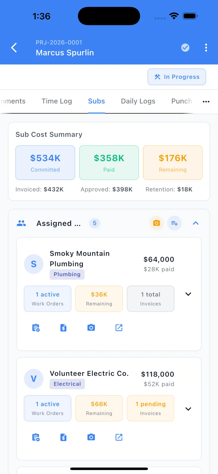 JobSiteCore subcontractor cost summary with committed, paid, remaining, and retention per trade