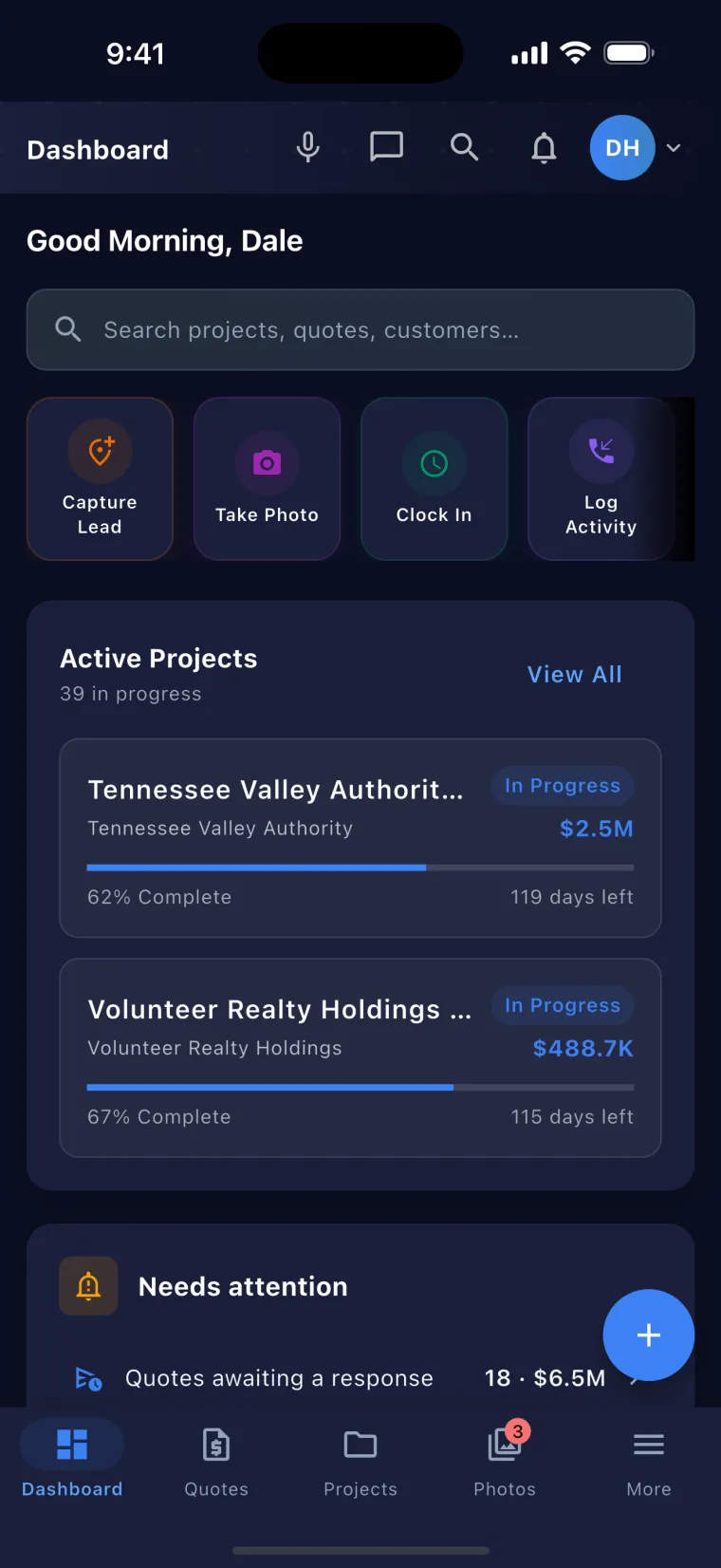 JobSiteCore owner dashboard — a quick-action row above the active projects list, each job showing its value, percent complete and days left