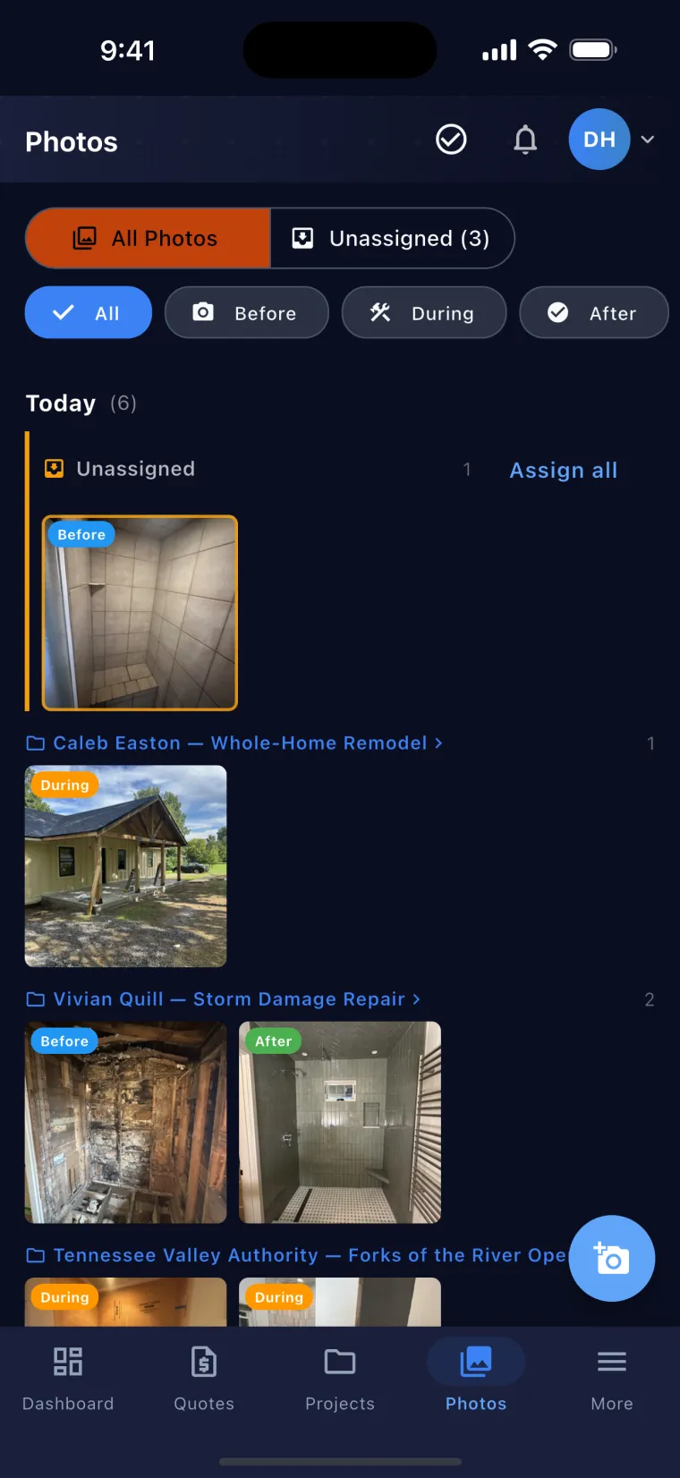 JobSiteCore Photo Hub — All Photos and Unassigned tabs over the Before, During and After filter chips, with today's unassigned shot and its Assign all action above real site photos already carrying their Before, During and After tags under the job each belongs to
