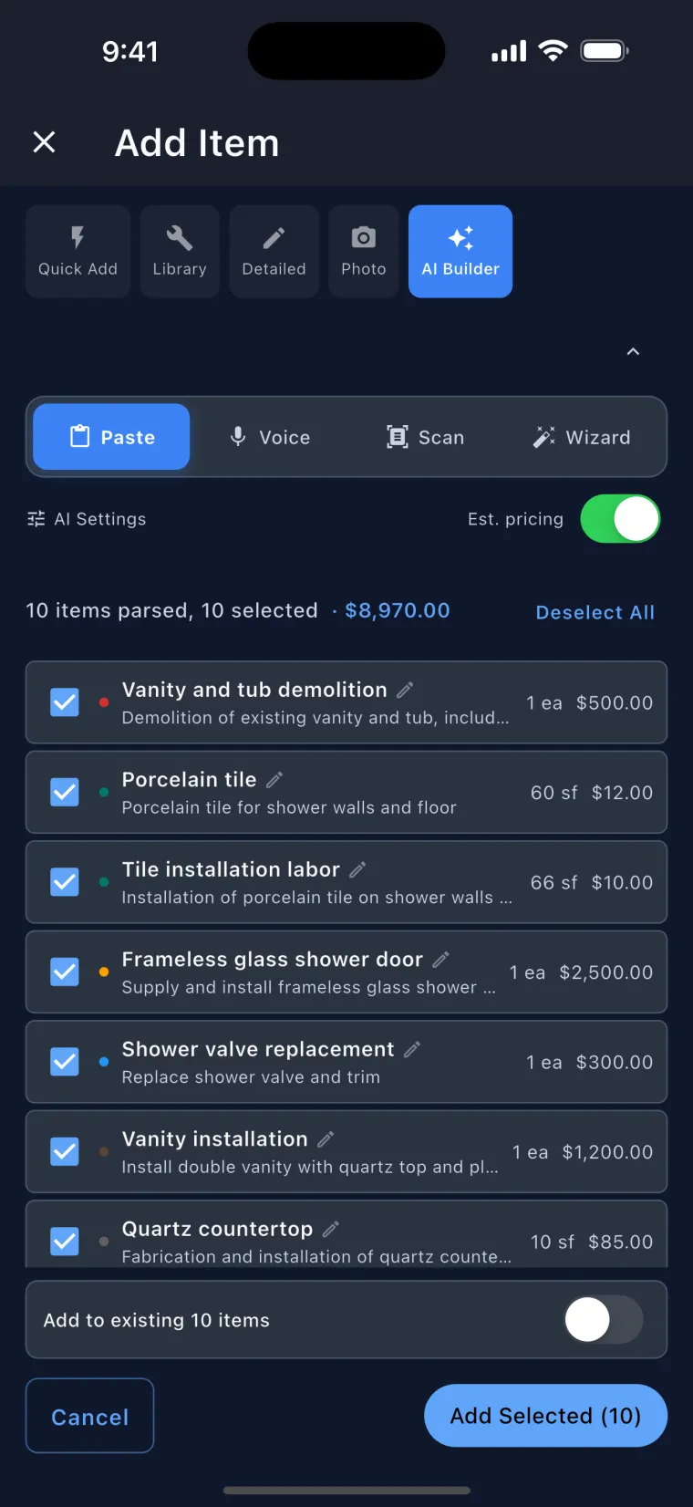 JobSiteCore AI quote builder turning voice, photo, or PDF into priced line items