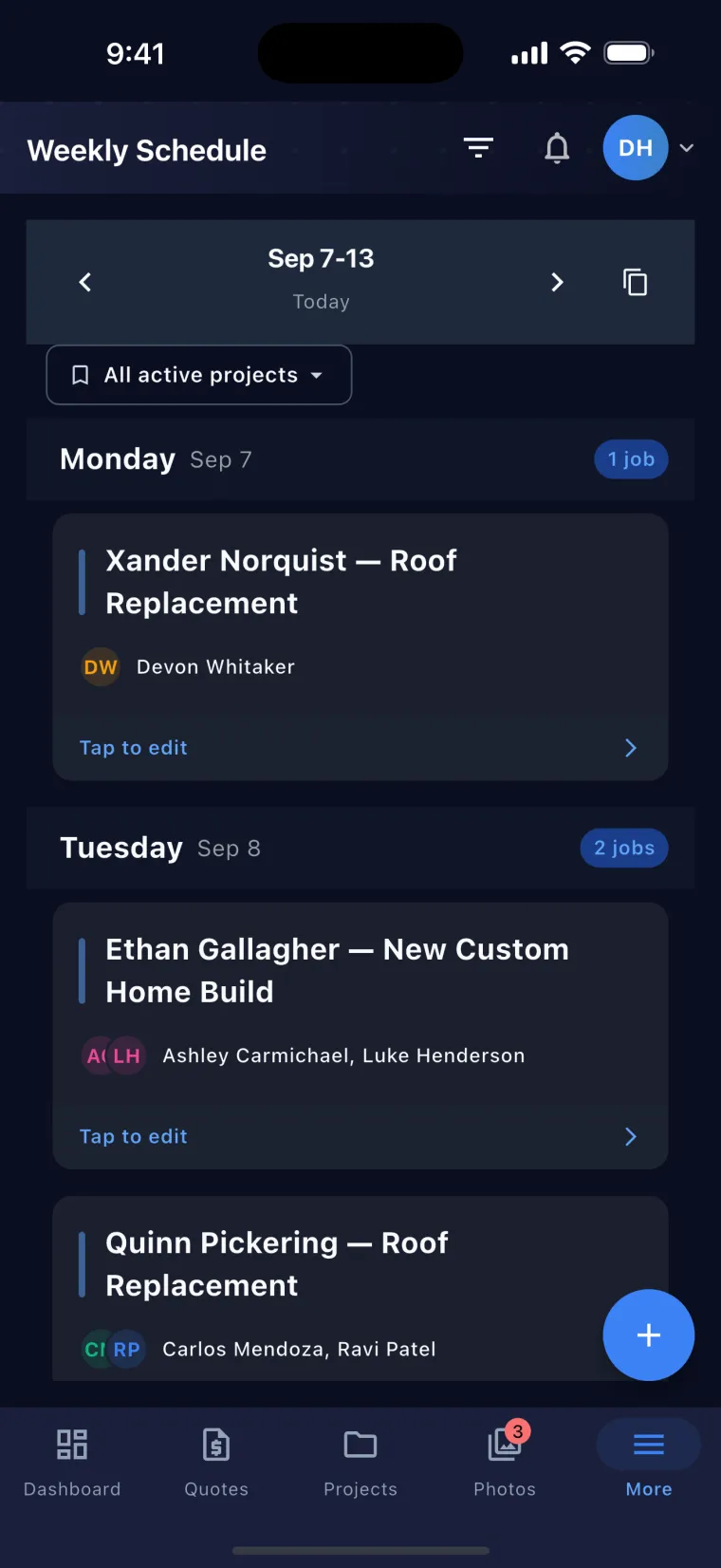 JobSiteCore weekly schedule on iPhone — a day-card list for the week, each day showing its job count and the crew assigned to every job