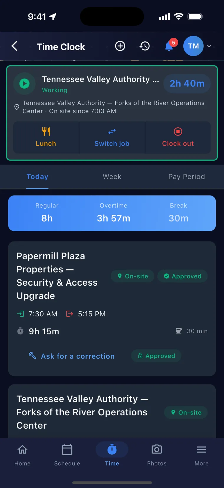 JobSiteCore time clock — the working entry ringed green inside the job's geofence, showing the job it is on and the time the worker came on site, over Today, Week and Pay Period tabs and a strip splitting the day into Regular, Overtime and Break hours