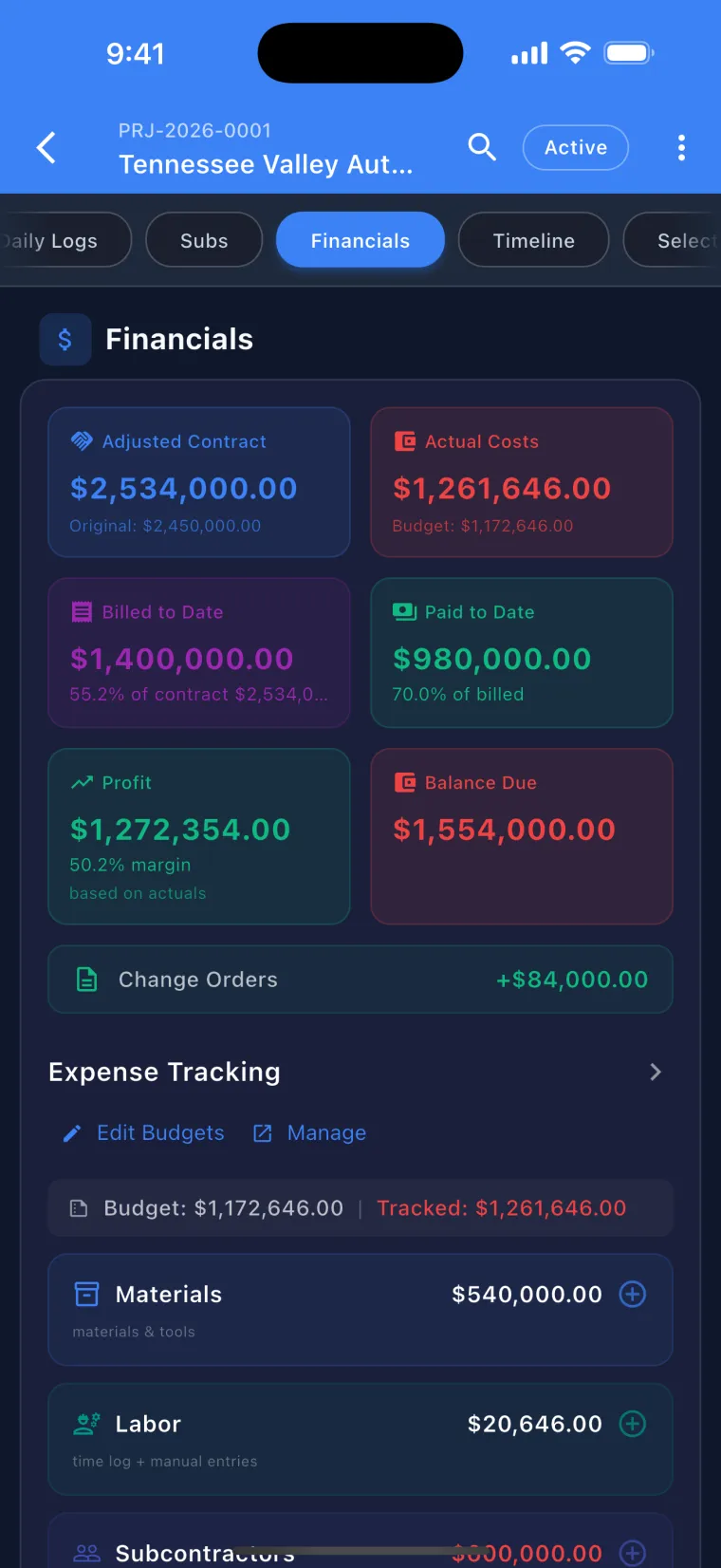 JobSiteCore project financials — the Financials section of one job, with Adjusted Contract, Actual Costs, Billed to Date and Paid to Date tiles above profit on actuals, balance due, change orders and expense tracking by category