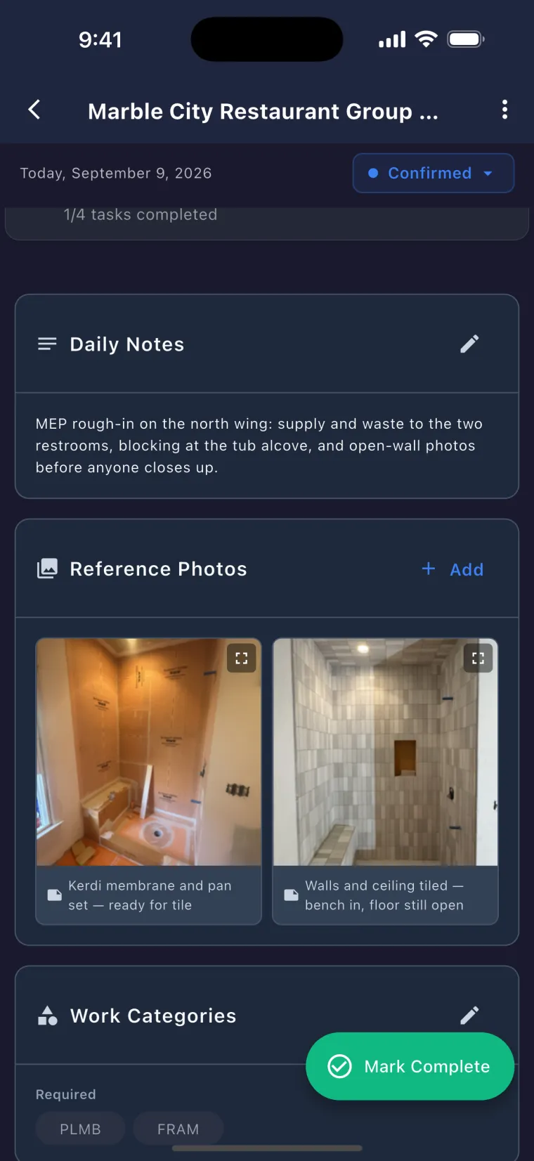 JobSiteCore crew assignment on iPhone — today's job with daily notes, reference photos and required work categories