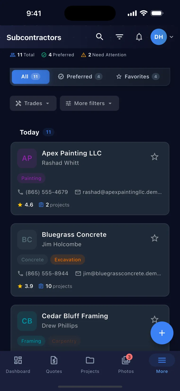 JobSiteCore subcontractor directory — 11 subs with their trades, contact details, star rating and project count, filtered by preferred and favorites