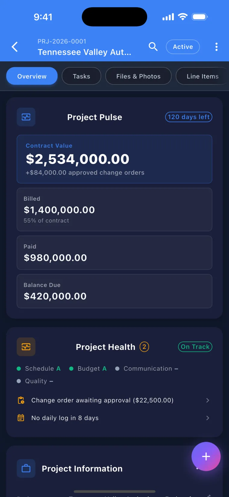 JobSiteCore project record — the Project Pulse money strip with contract value, billed, paid and balance due, above the project health card and its open items