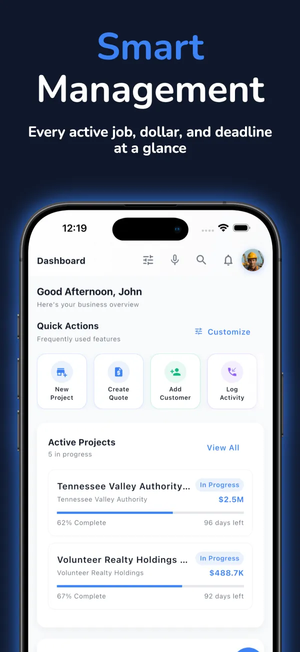 JobSiteCore mobile dashboard — active projects, quick actions, pending quotes, and invoices